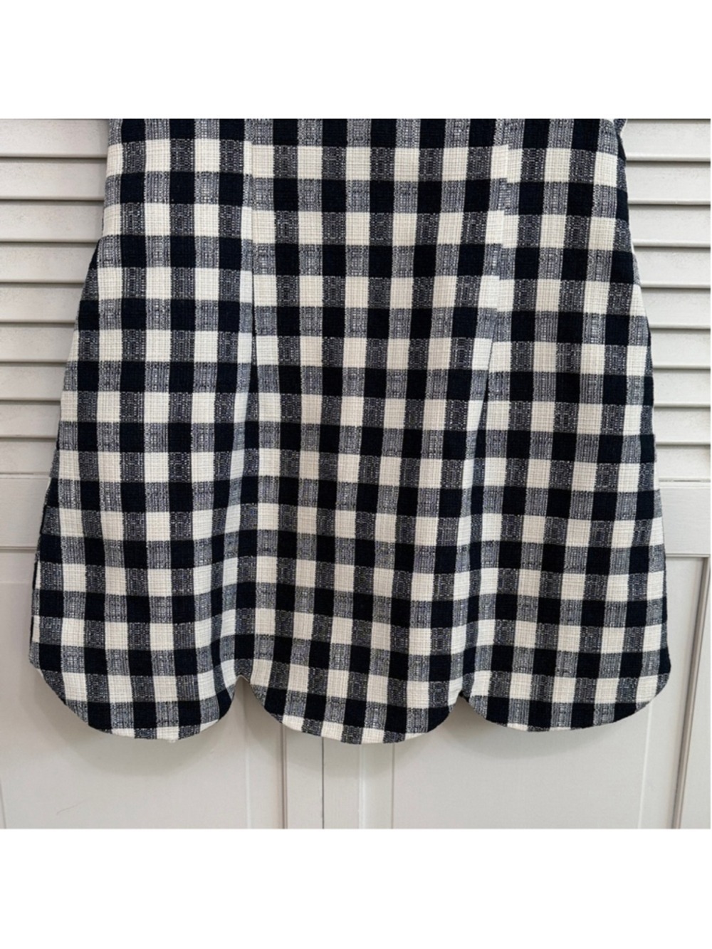 Sleeveless Navy and Cream Gingham Mini Dress with Scalloped Hem - Picture 6 of 8